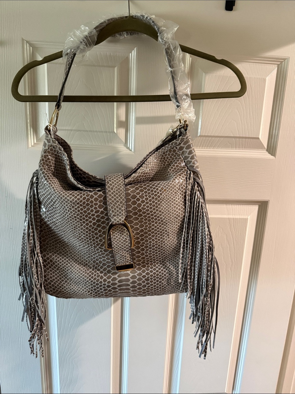 G.I.L.I. Grey Snake-Print Fringe Shoulder Bag with Gold Accent